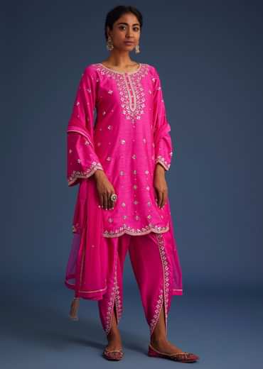 Hot Pink Silk Embroidered Kurta Dhoti Set