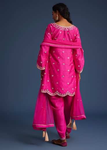 Hot Pink Silk Embroidered Kurta Dhoti Set