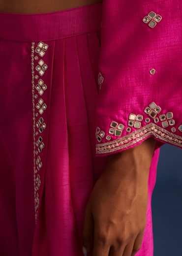 Hot Pink Silk Embroidered Kurta Dhoti Set