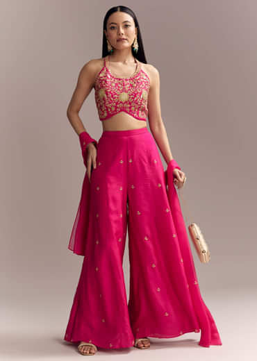 Hot Pink Silk Indo Crop Top And Palazzo Set With Zari Embroidery