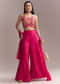 Hot Pink Silk Indo Crop Top And Palazzo Set With Zari Embroidery