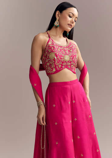 Hot Pink Silk Indo Crop Top And Palazzo Set With Zari Embroidery