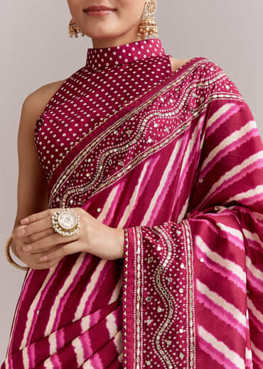 Hot Pink Silk Printed Saree With Lehariya And Bandhani Gota Border