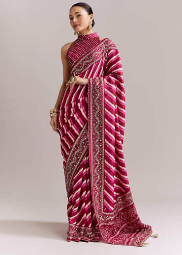 Hot Pink Silk Printed Saree With Lehariya And Bandhani Gota Border