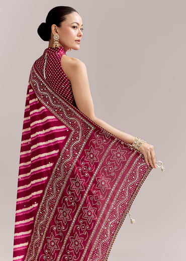 Hot Pink Silk Printed Saree With Lehariya And Bandhani Gota Border