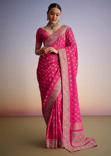 Hot Pink Silk Saree With Heavy Embroidered Border And Pallu
