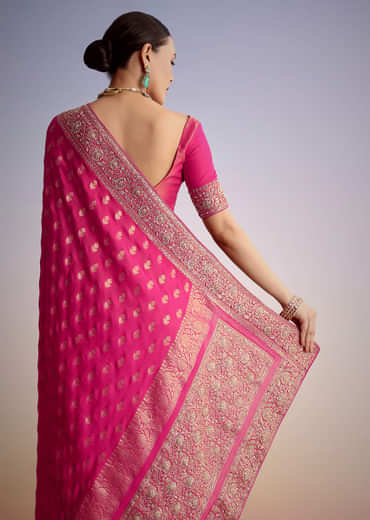 Hot Pink Silk Saree With Heavy Embroidered Border And Pallu