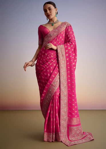 Hot Pink Silk Saree With Heavy Embroidered Border And Pallu