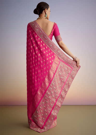 Hot Pink Silk Saree With Heavy Embroidered Border And Pallu
