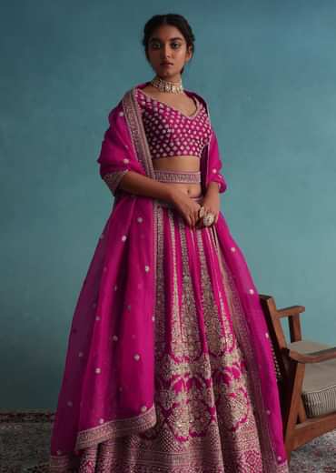 Hot Pink 14 Kali Embroidered Bridal Lehenga In Raw Silk With Embroidered Belt