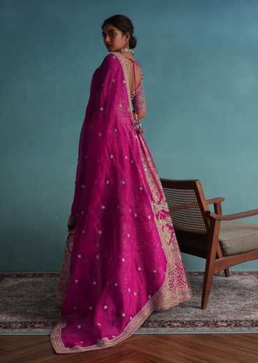 Hot Pink 14 Kali Embroidered Bridal Lehenga In Raw Silk With Embroidered Belt