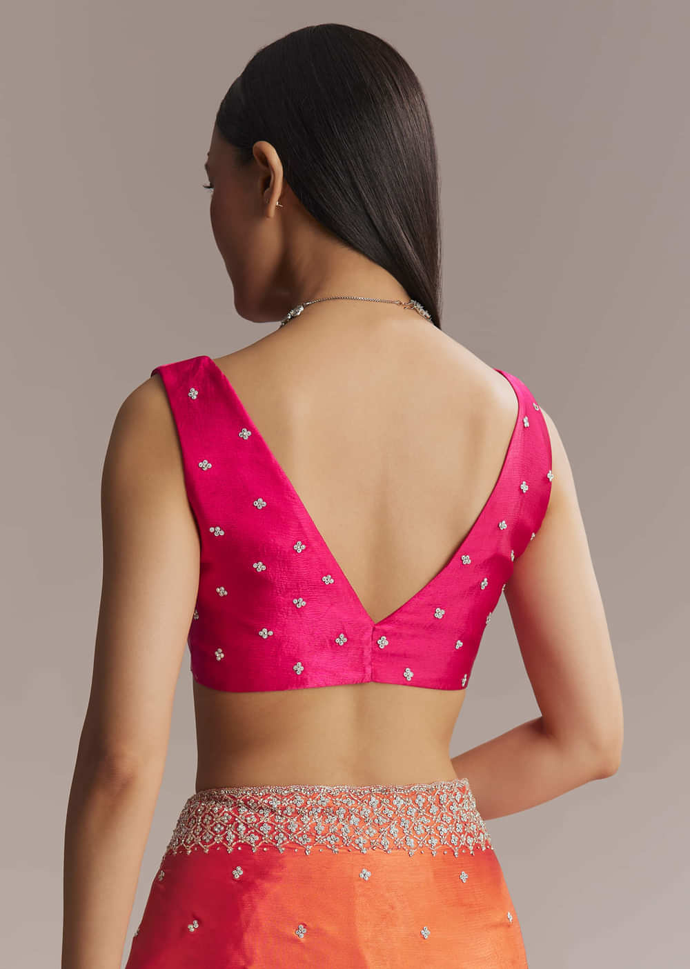 Hot Pink And Orange Chinon Saree With Heavy Embroidery