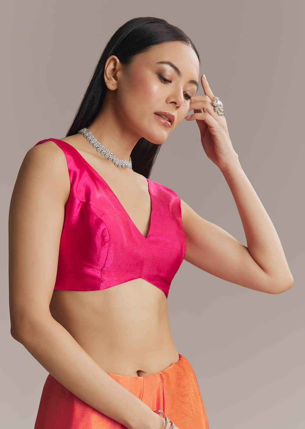 Hot Pink And Orange Chinon Saree With Heavy Embroidery