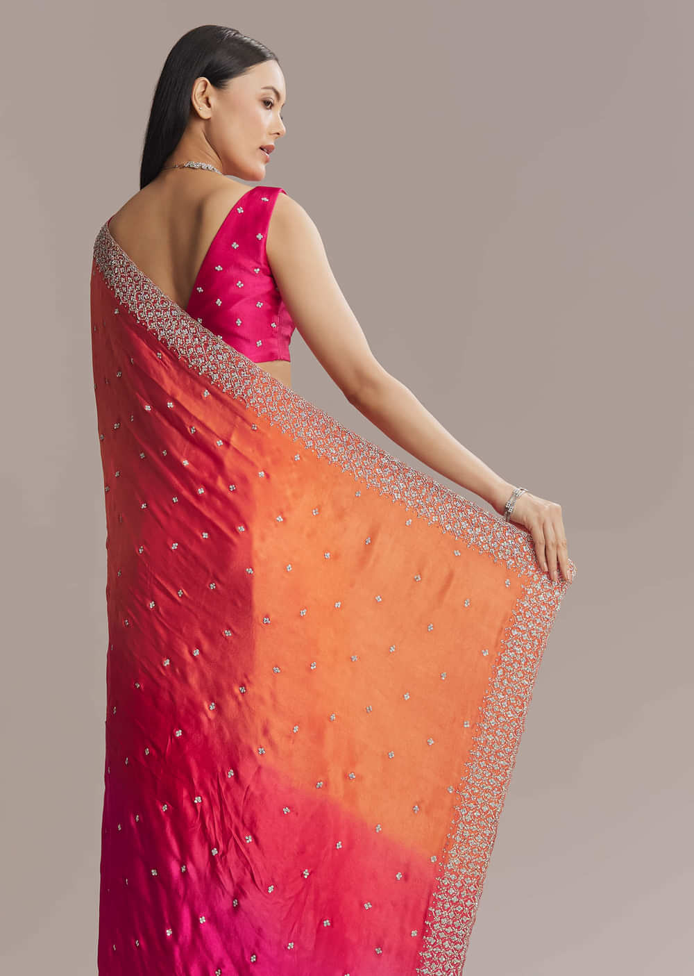 Hot Pink And Orange Chinon Saree With Heavy Embroidery