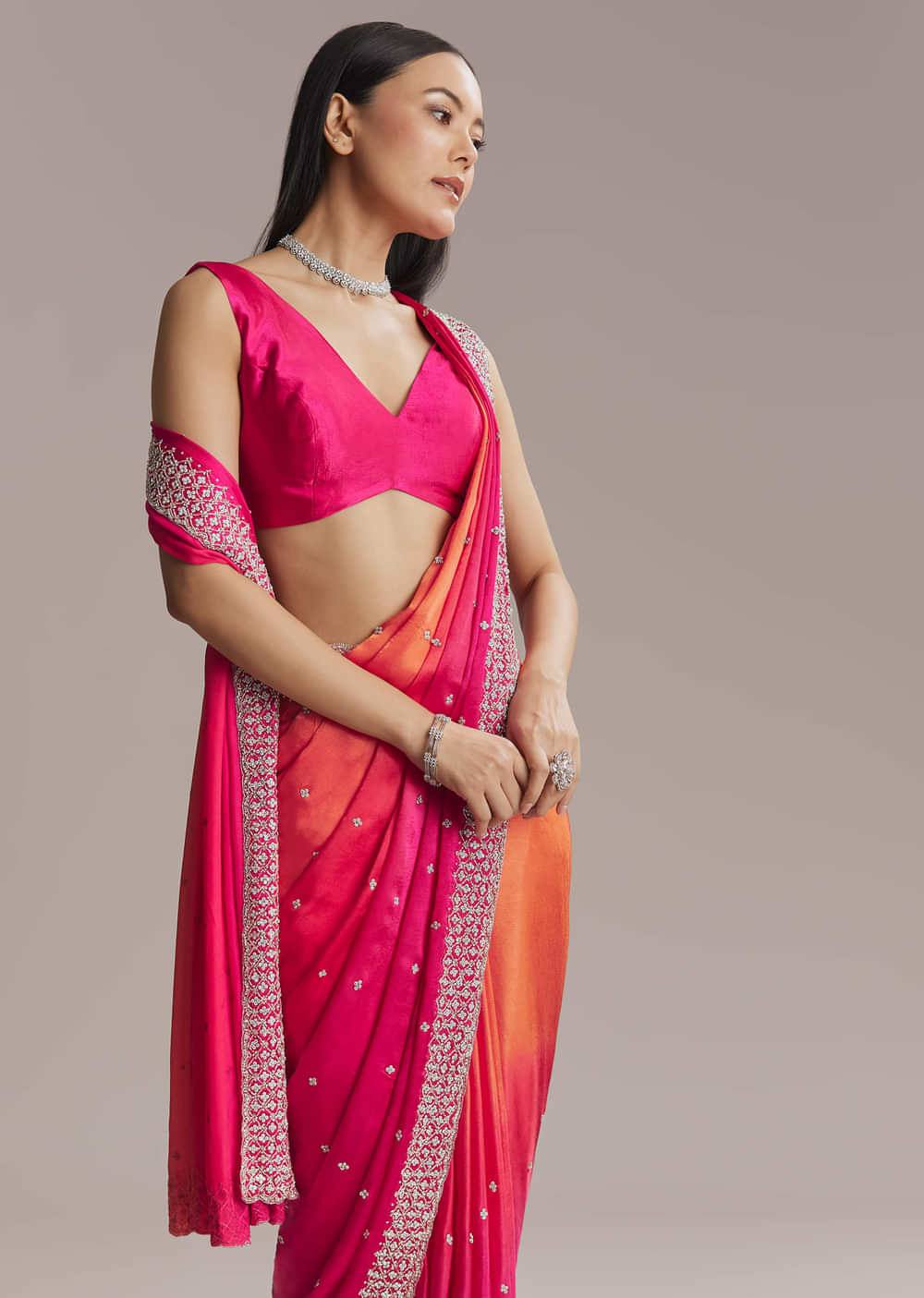 Hot Pink And Orange Chinon Saree With Heavy Embroidery