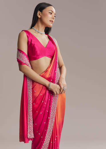 Hot Pink And Orange Chinon Saree With Heavy Embroidery