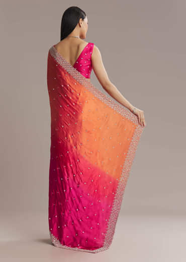 Hot Pink And Orange Chinon Saree With Heavy Embroidery