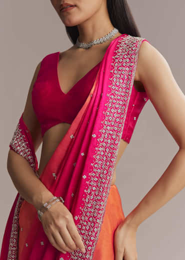 Hot Pink And Orange Chinon Saree With Heavy Embroidery