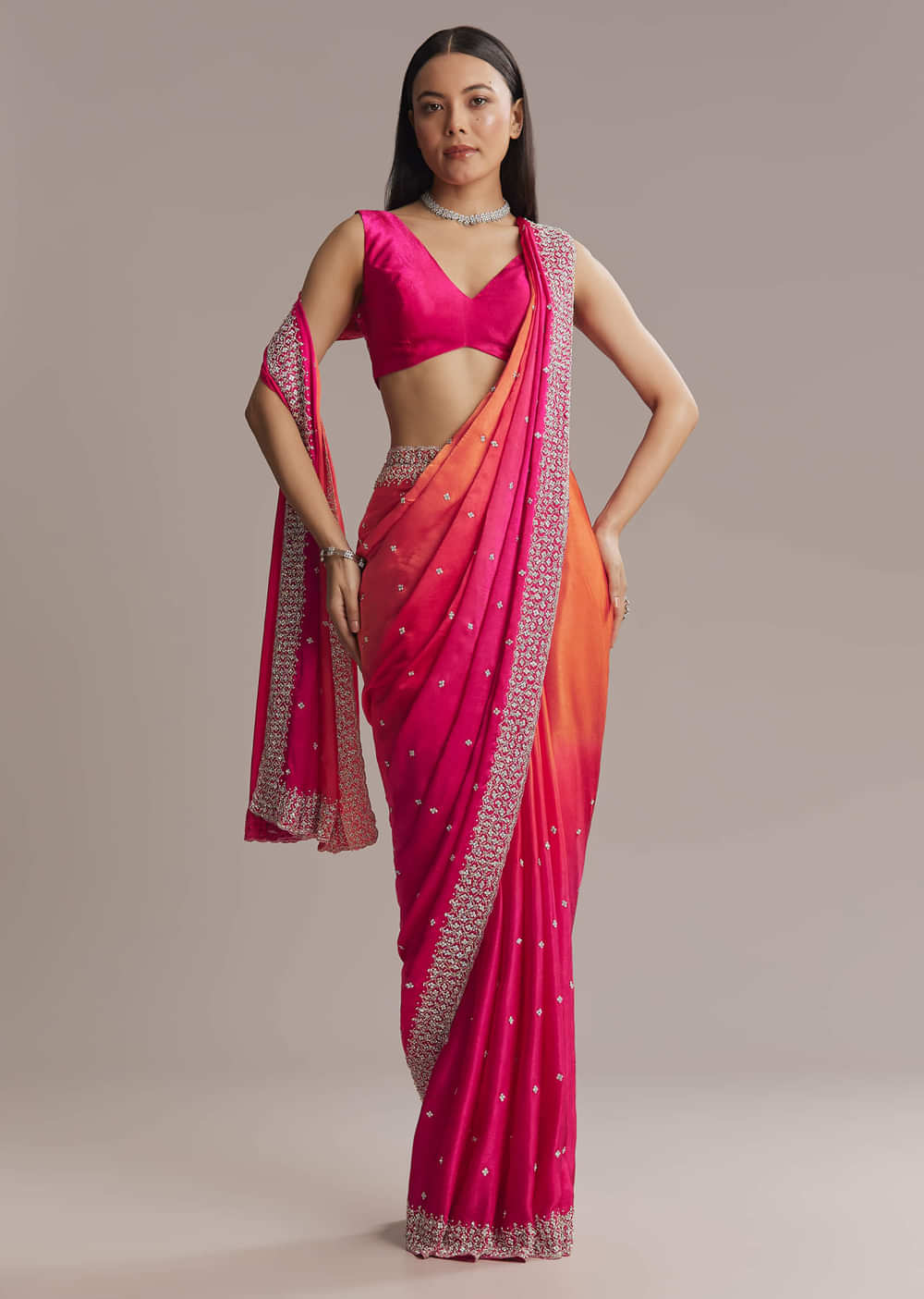 Hot Pink And Orange Chinon Saree With Heavy Embroidery