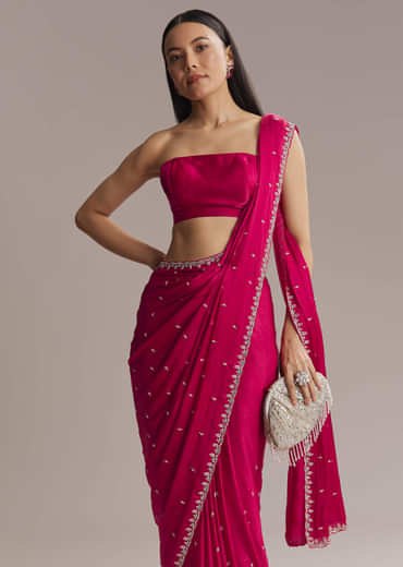Hot Pink Chinon Saree With Cutdana And Stone Embroidery