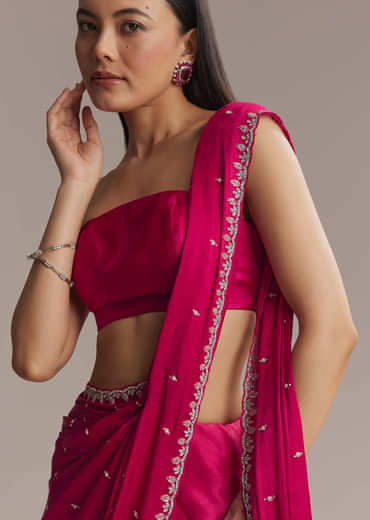 Hot Pink Chinon Saree With Cutdana And Stone Embroidery