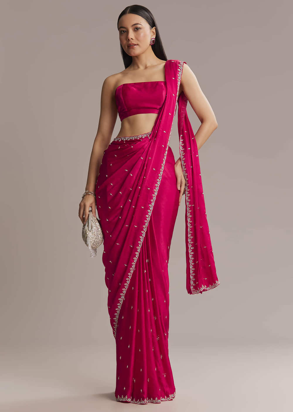 Hot Pink Chinon Saree With Cutdana And Stone Embroidery