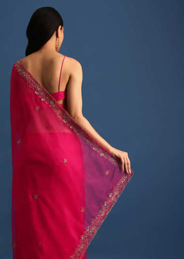 Hot Pink Cutdana Embroidered Saree With Unstitched Blouse