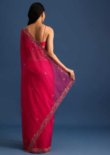 Hot Pink Cutdana Embroidered Saree With Unstitched Blouse