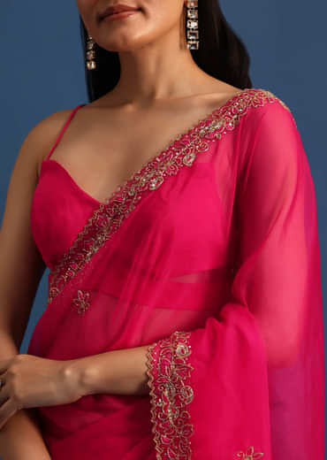 Hot Pink Cutdana Embroidered Saree With Unstitched Blouse