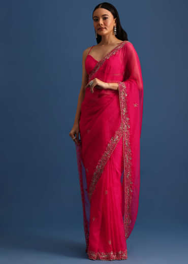 Hot Pink Cutdana Embroidered Saree With Unstitched Blouse
