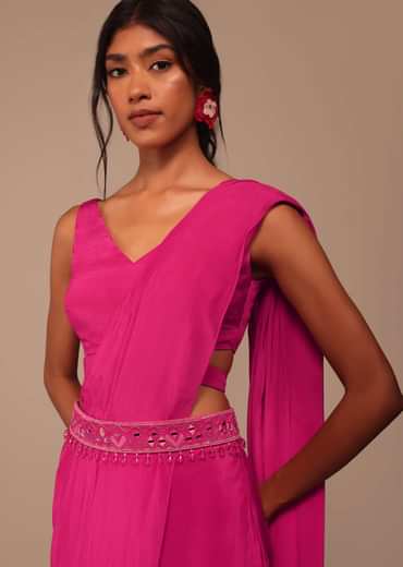 Hot Pink Indo-western Saree Set With Embroidered Belt