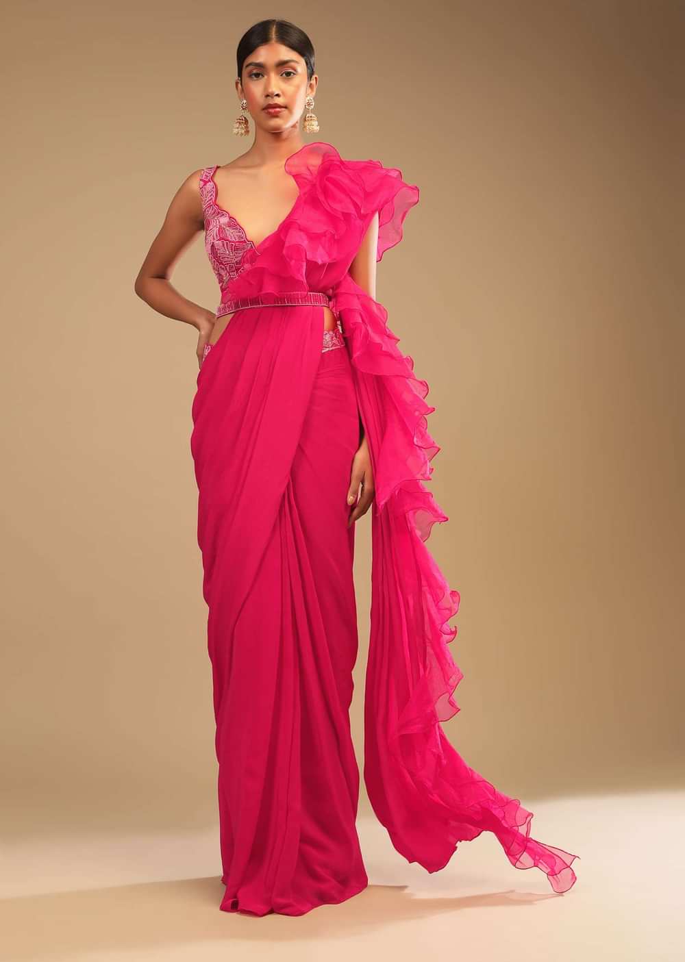 Hot Pink Readymade Saree In Crepe With Ruffle Frill On The Pallu And Beads Embroidered Crop Top And Belt