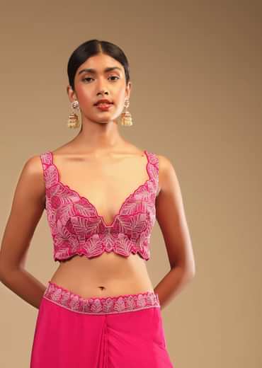 Hot Pink Readymade Saree In Crepe With Ruffle Frill On The Pallu And Beads Embroidered Crop Top And Belt
