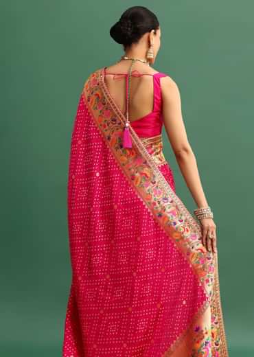 Hot Pink Woven Bandhani Silk Saree With Paithani Border Pallu And Unstitched Blouse