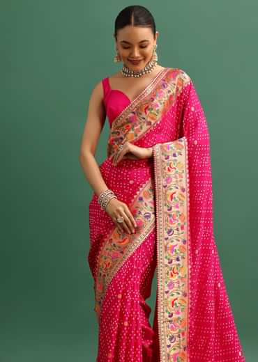 Hot Pink Woven Bandhani Silk Saree With Paithani Border Pallu And Unstitched Blouse