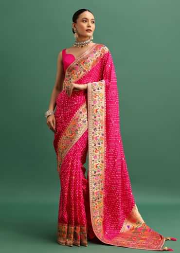 Hot Pink Woven Bandhani Silk Saree With Paithani Border Pallu And Unstitched Blouse