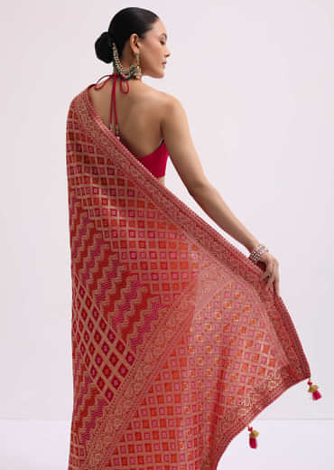 Hot Pink Woven Khadi Georgette Saree With Unstitched Blouse