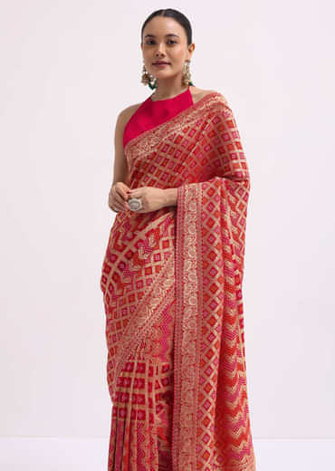 Hot Pink Woven Khadi Georgette Saree With Unstitched Blouse