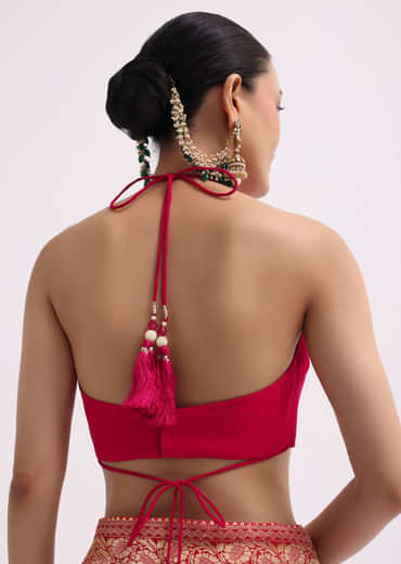 Hot Pink Woven Khadi Georgette Saree With Unstitched Blouse