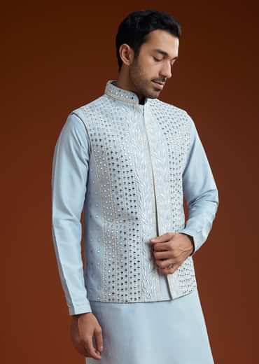 Ice Blue Cotton Silk Kurta Jacket Set With Vine Motif Threadwork