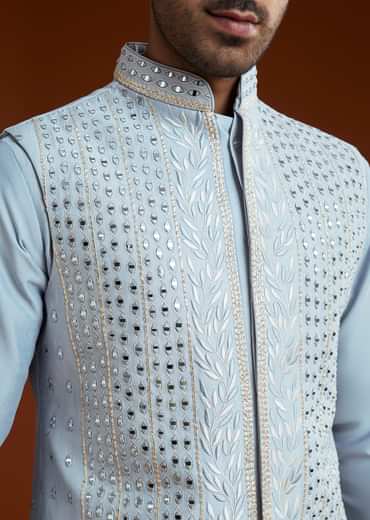Ice Blue Cotton Silk Kurta Jacket Set With Vine Motif Threadwork