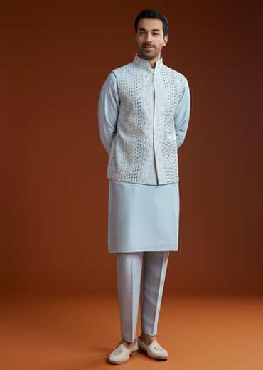 Ice Blue Cotton Silk Kurta Jacket Set With Vine Motif Threadwork