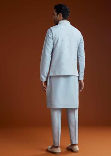 Ice Blue Cotton Silk Kurta Jacket Set With Vine Motif Threadwork