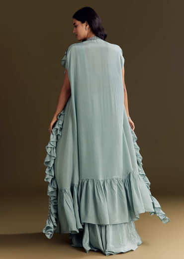 Ice Blue Crepe Croptop And Palazzo Set With Ruffled Jacket