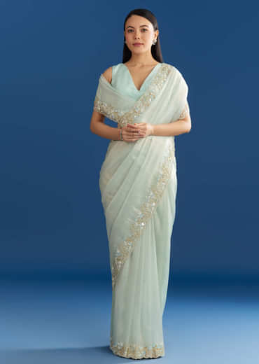 Ice Blue Organza Tissue Saree With Beaded Scallop Border