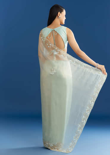 Ice Blue Organza Tissue Saree With Beaded Scallop Border