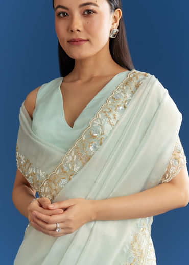 Ice Blue Organza Tissue Saree With Beaded Scallop Border