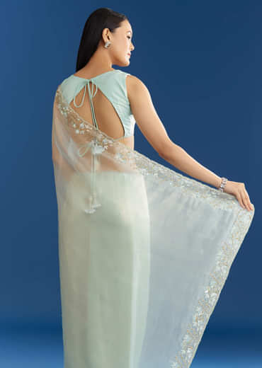 Ice Blue Organza Tissue Saree With Beaded Scallop Border