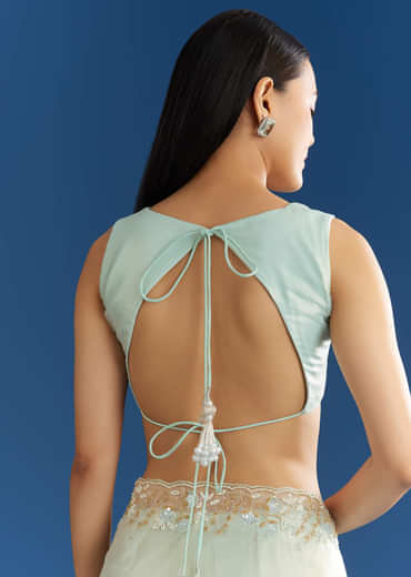 Ice Blue Organza Tissue Saree With Beaded Scallop Border