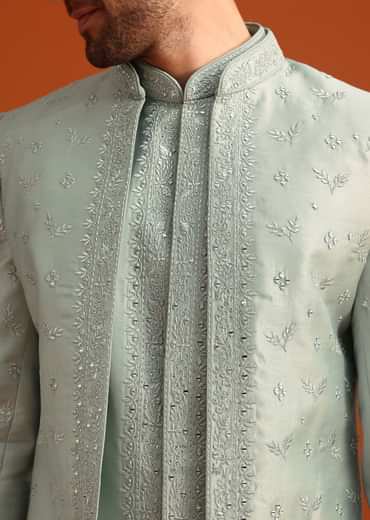 Ice Blue Cotton Silk Embroidered Sherwani Set